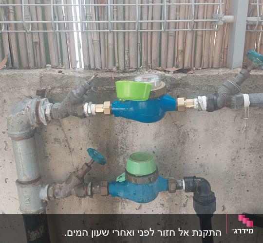 שני מדי מים כחולים עם ברזים ירוקים